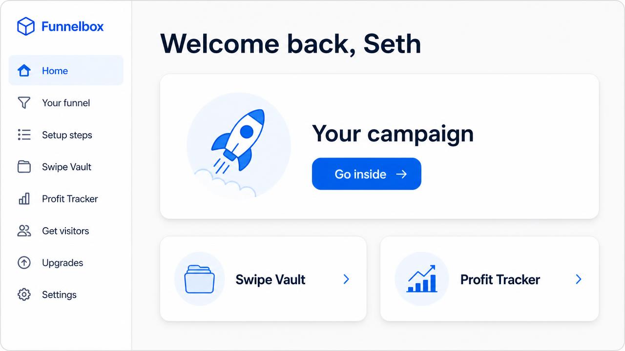 The Funnelbox home screen with the menu down the left and a Go inside button