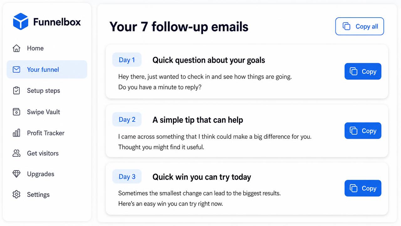 The seven written follow-up emails with a copy button on each one